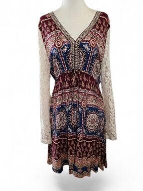 Kori America Burgundy and Navy Boho Lace-Sleeve V-Neck Dress
